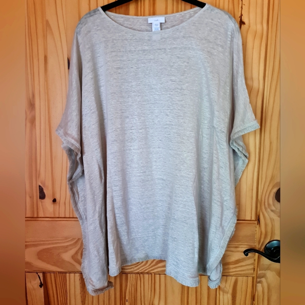 J. Jill Poncho Sewn Armholes/Sides Stretch Knit Tunic 100% Linen Mini Fringe XSS